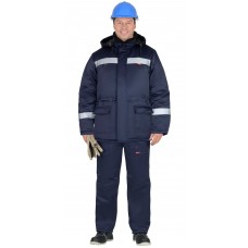 Куртка СИРИУС-БРИГАДИР зимняя, мех. ворот, капюшон, тёмно-синяя с СОП (утеплитель 600 гр)